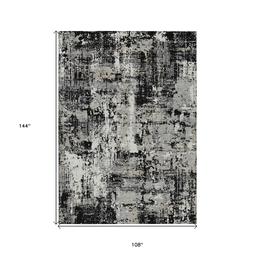 9' X 12' Black And Gray Abstract Washable Indoor Outdoor Area Rug