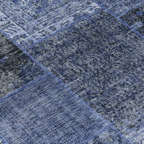 8' Navy Blue And Charcoal Round Patchwork Washable Indoor Outdoor Area Rug