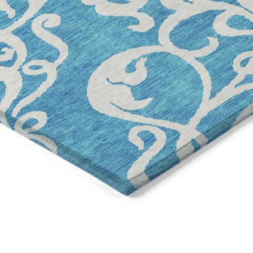 10' X 14' Turquoise And Ivory Damask Washable Indoor Outdoor Area Rug