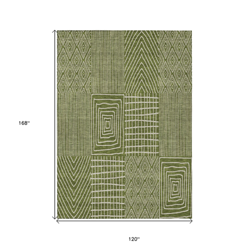 10' X 14' Olive Green And Beige Geometric Washable Indoor Outdoor Area Rug