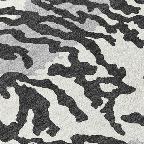 8' Black Gray And Ivory Round Animal Print Washable Indoor Outdoor Area Rug
