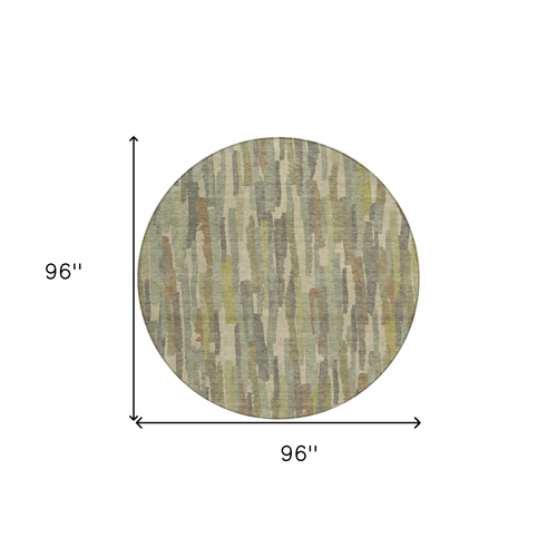 8' Artichoke Green And Ivory Round Striped Washable Indoor Outdoor Area Rug