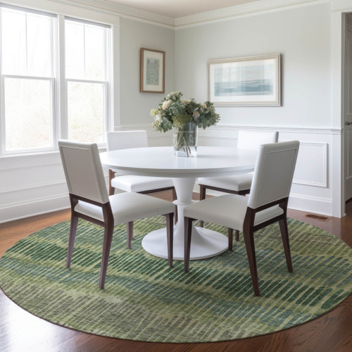 8' Green Gray And Ivory Round Striped Washable Indoor Outdoor Area Rug