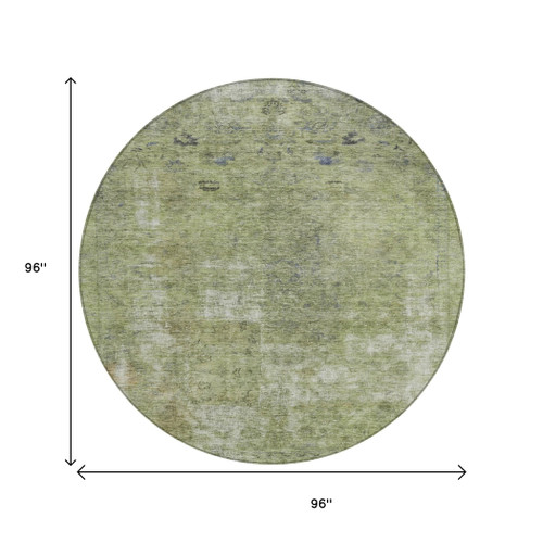 8' Artichoke Green And Beige Round Abstract Washable Indoor Outdoor Area Rug