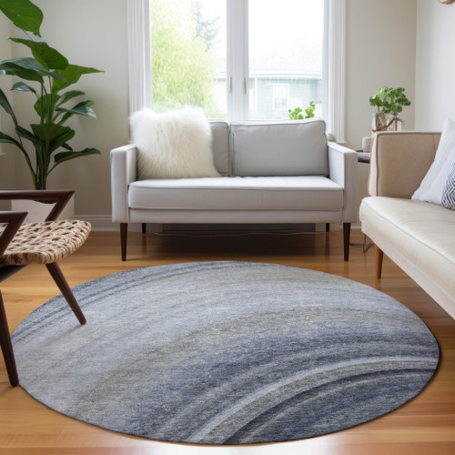 8' Blue Denim Blue And Navy Blue Round Abstract Washable Indoor Outdoor Area Rug