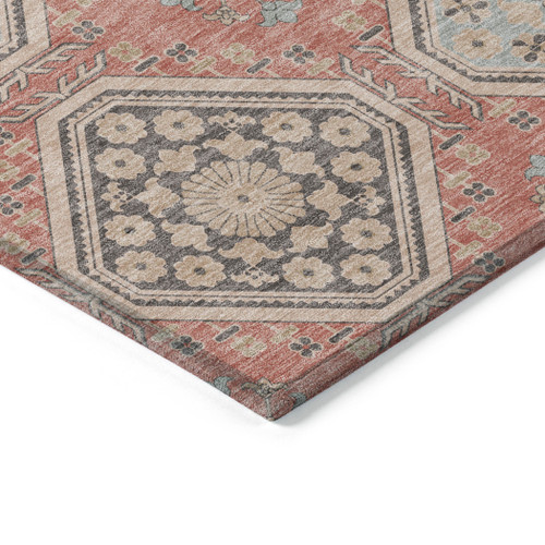 9' X 12' Salmon And Beige Floral Washable Indoor Outdoor Area Rug