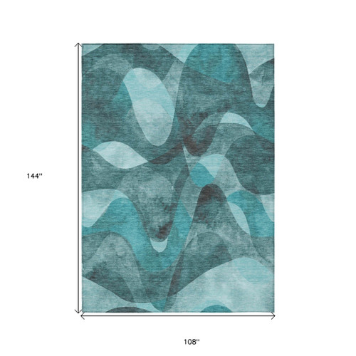9' X 12' Teal Abstract Washable Non Skid Indoor Outdoor Area Rug