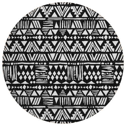 8' Black And Ivory Round Southwestern Washable Indoor Outdoor Area Rug