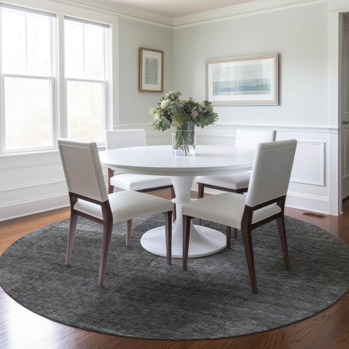 8' Gray Charcoal And Ivory Round Abstract Washable Indoor Outdoor Area Rug
