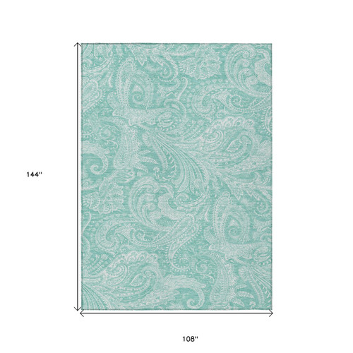 9' X 12' Teal Blue And Ivory Paisley Washable Indoor Outdoor Area Rug