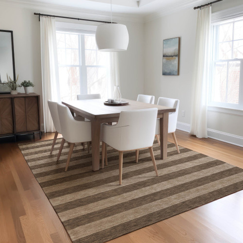 8' X 10' Coffee Striped Washable Non Skid Indoor Outdoor Area Rug