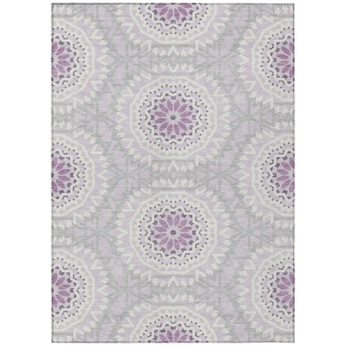 8' X 10' Lilac Purple And Ivory Floral Medallion Washable Indoor Outdoor Area Rug