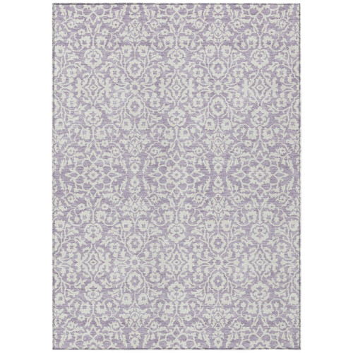 10' X 14' Lavender And Ivory Damask Washable Indoor Outdoor Area Rug