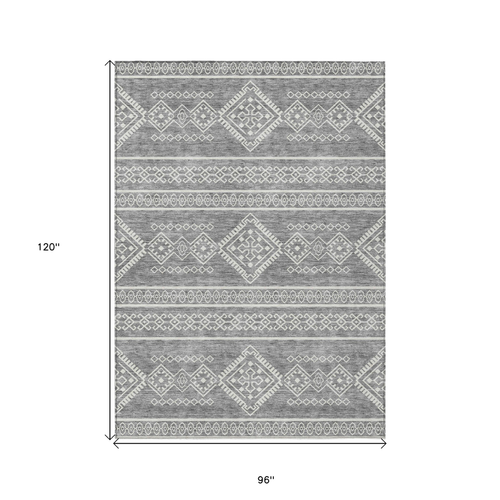 8' X 10' Gray And Ivory Southwestern Washable Indoor Outdoor Area Rug