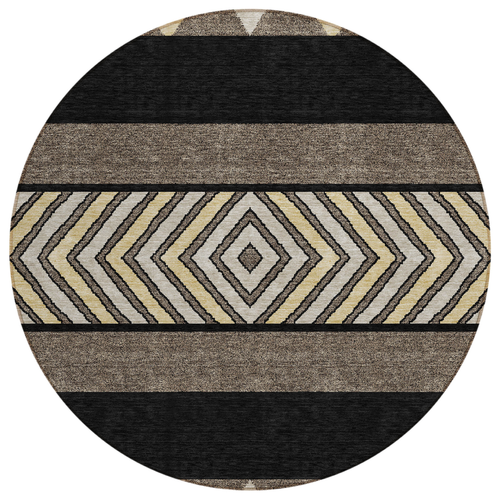 8' Black Ivory And Wheat Round Southwestern Washable Indoor Outdoor Area Rug