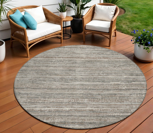 8' Beige And Gray Round Striped Washable Indoor Outdoor Area Rug - Beige, Gray