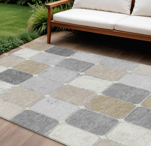 10' X 14' Beige And Gray Geometric Washable Indoor Outdoor Area Rug - Beige, Gray