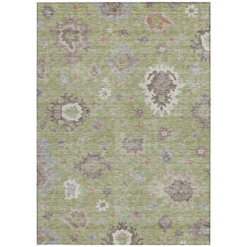 10' X 14' Artichoke Green And Beige Floral Washable Indoor Outdoor Area Rug