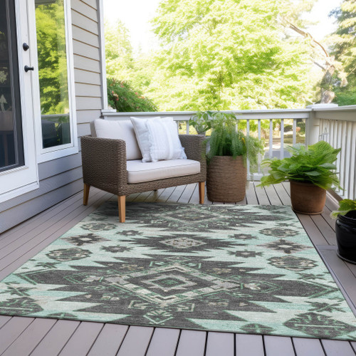 10' X 14' Mint Green And Charcoal Tribal Washable Indoor Outdoor Area Rug