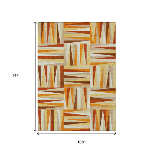 9' X 12' Orange Ivory And Copper Geometric Washable Indoor Outdoor Area Rug