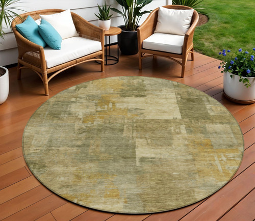 8' Khaki Beige And Wheat Round Abstract Washable Indoor Outdoor Area Rug