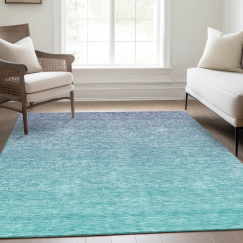 8' X 10' Sky Blue And Teal Blue Ombre Washable Indoor Outdoor Area Rug