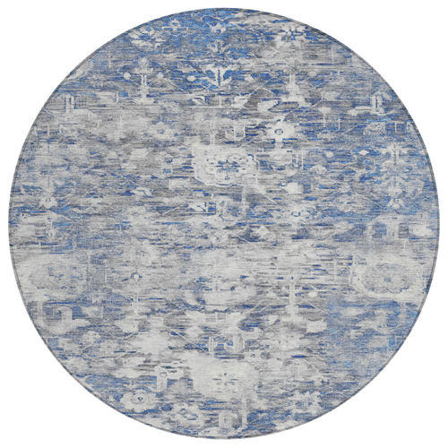 8' Blue And Denim Blue Round Floral Washable Indoor Outdoor Area Rug