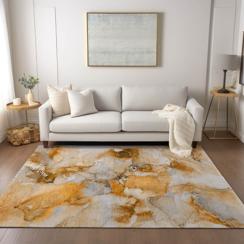 10' X 14' Orange and Ivory Abstract Washable Indoor Outdoor Area Rug