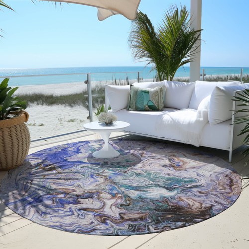 8' Beige Blue And Taupe Round Abstract Washable Indoor Outdoor Area Rug