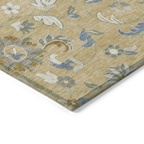 8' X 10' Wheat Blue And Ivory Floral Washable Indoor Outdoor Area Rug