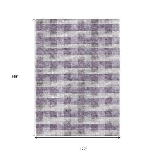 10' X 14' Lavender And Ivory Plaid Washable Indoor Outdoor Area Rug