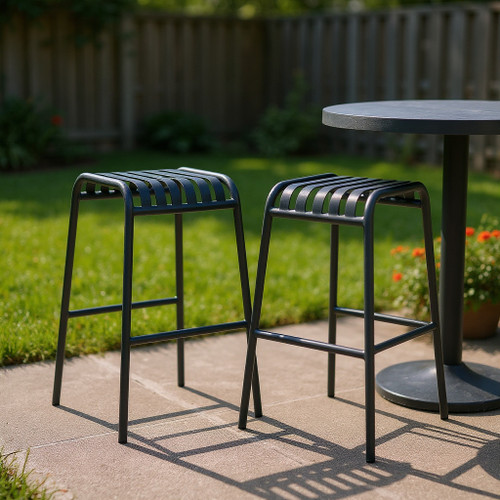 Set of Two 30" Dark Blue Steel Backless Bar Height Bar Chairs
