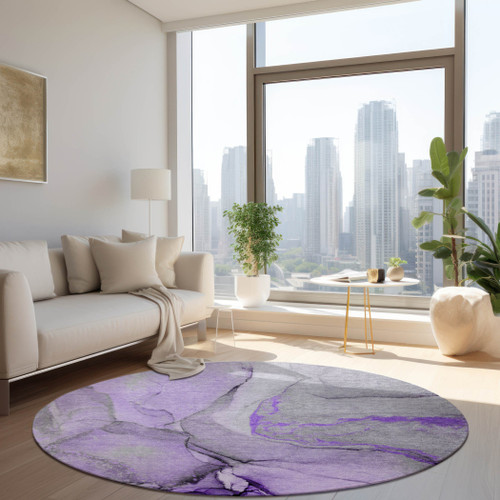 8' Round Purple and Ivory Round Abstract Washable Non Skid Indoor Outdoor Area Rug