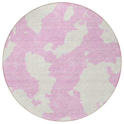 8' Pink And Ivory Round Abstract Washable Indoor Outdoor Area Rug