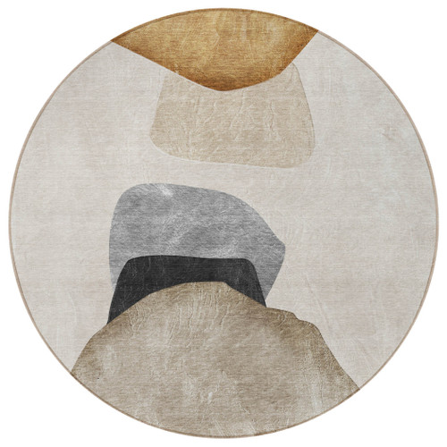 8' Round Tan Brown and Gray Round Abstract Washable Non Skid Indoor Outdoor Area Rug