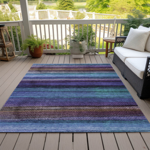 10' X 14' Blue Purple And Taupe Striped Washable Indoor Outdoor Area Rug