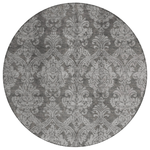 8' Gray And Pewter Round Damask Washable Indoor Outdoor Area Rug