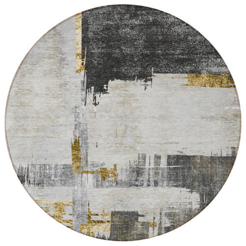 8' Gray And Tan Round Abstract Washable Indoor Outdoor Area Rug