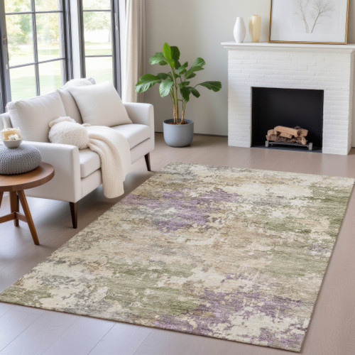 9' X 12' Beige Green And Purple Abstract Washable Indoor Outdoor Area Rug