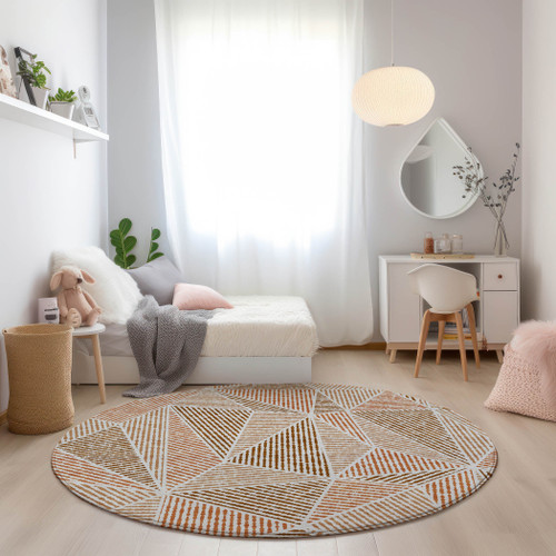 8' Terra Cotta Beige And Salmon Round Geometric Washable Indoor Outdoor Area Rug