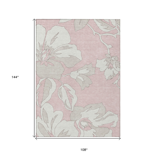 9' X 12' Pink Ivory And Beige Floral Washable Indoor Outdoor Area Rug