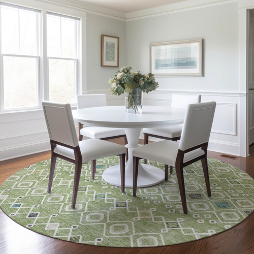 8' Sage Ivory And Teal Blue Round Geometric Washable Indoor Outdoor Area Rug