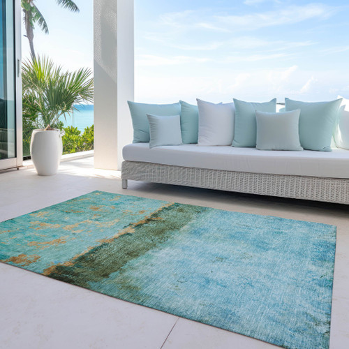 8' X 10' Teal Blue And Gold Abstract Washable Indoor Outdoor Area Rug