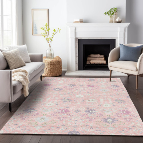10' X 14' Pink Purple And Gray Oriental Washable Indoor Outdoor Area Rug