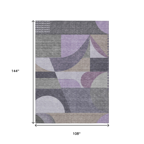 9' X 12' Purple Gray And Beige Geometric Washable Indoor Outdoor Area Rug
