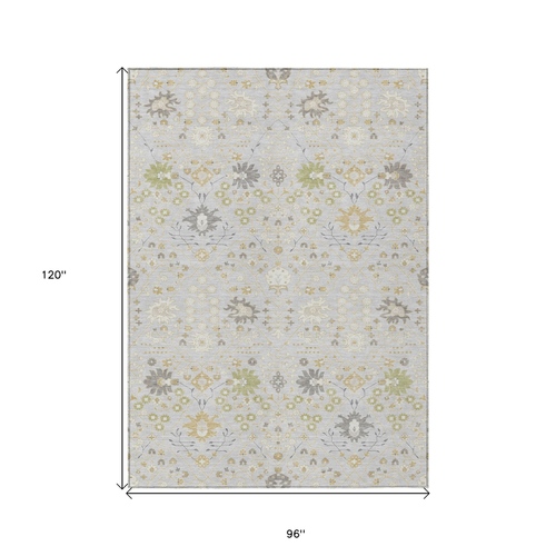 8' X 10' Silver Gray And Gold Oriental Washable Indoor Outdoor Area Rug