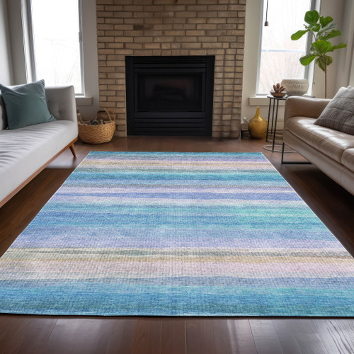 8' X 10' Aqua Lavender And Peach Striped Washable Indoor Outdoor Area Rug