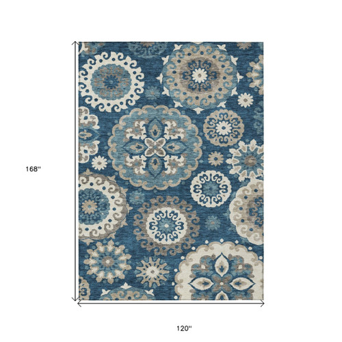 10' X 14' Navy Blue And Taupe Floral Medallion Washable Indoor Outdoor Area Rug