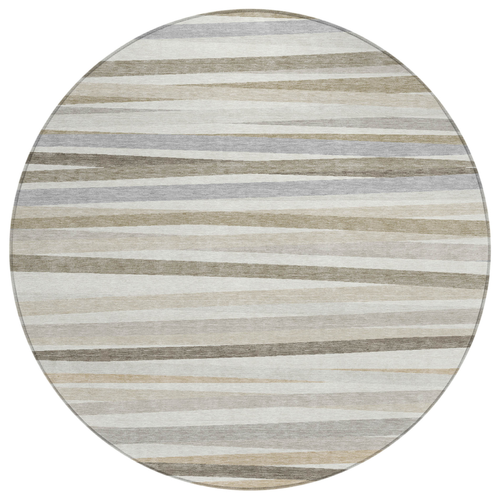8' Ivory And Gray Round Striped Washable Indoor Outdoor Area Rug