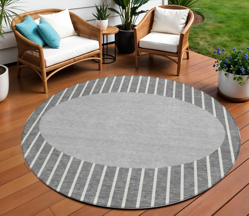 8' Gray And Ivory Round Striped Washable Indoor Outdoor Area Rug